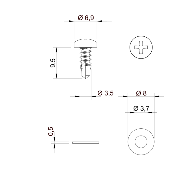 Visserie (vis 3,5 x 9,5 + rondelle 3,5)  